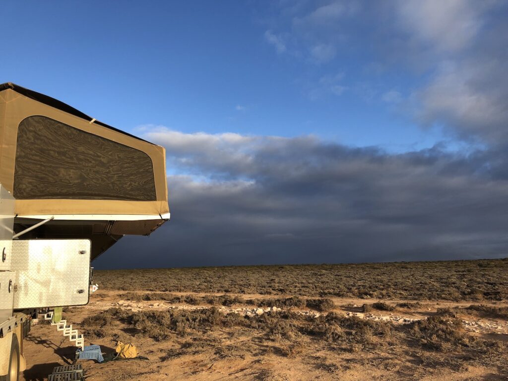 Rain over saltbush plain, Nullarbor SA.