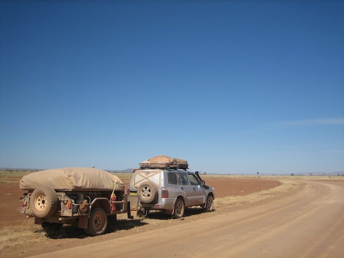 The fine red dust is like talculm powder. On the road to Mornington Wilderness Camp.