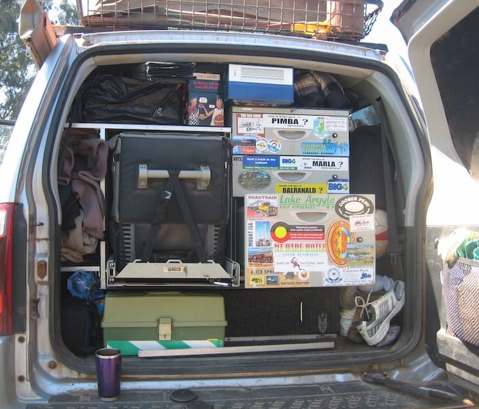 Our Pajero loaded on one of our trips. Note the air gap around the Waeco fridge, especially around the ventilation slots.