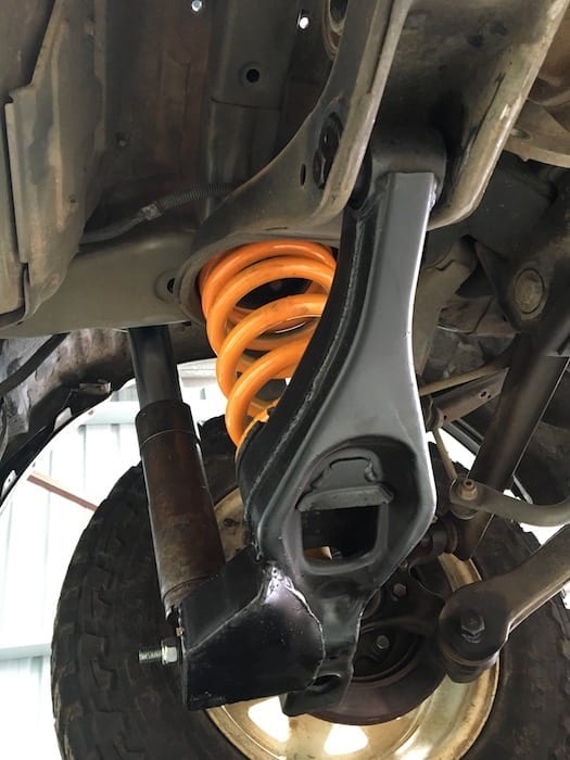 A shot from underneath of the rear suspension. Off Road Suspension.