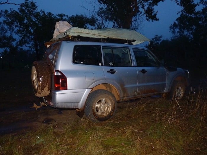 The rain started just on dark. The Pajero getting a bath. Kalumburu Road.