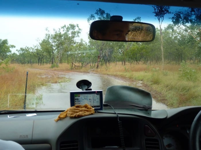 Sheets of water across the road out of King Edward River Campground. Kalumburu Road.