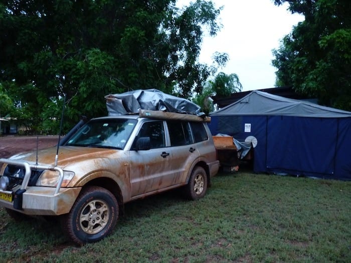 Drying out our sodden camper trailer tent. Drysdale River Station.