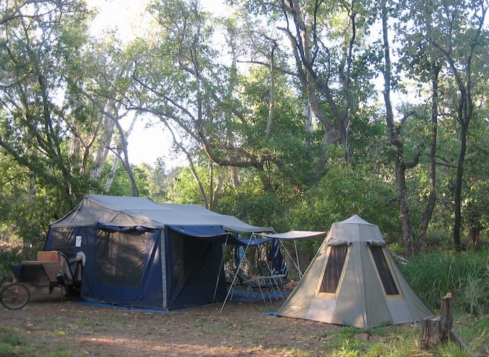 Our campsite nestled in under trees, right on the edge of the Pentecost River. El Questro Station