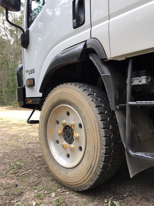 These tyres are equivalent to 35's and are heavy truck tyres. A high-flow compressor is essential. Review: ARB Compressor.