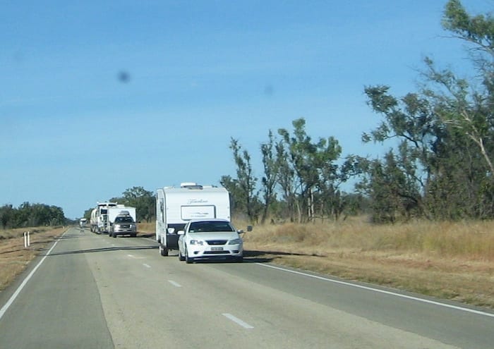 An endless procession of caravans heading North. Stuart Highway, Northern Territory. Mataranka To Tennant Creek.