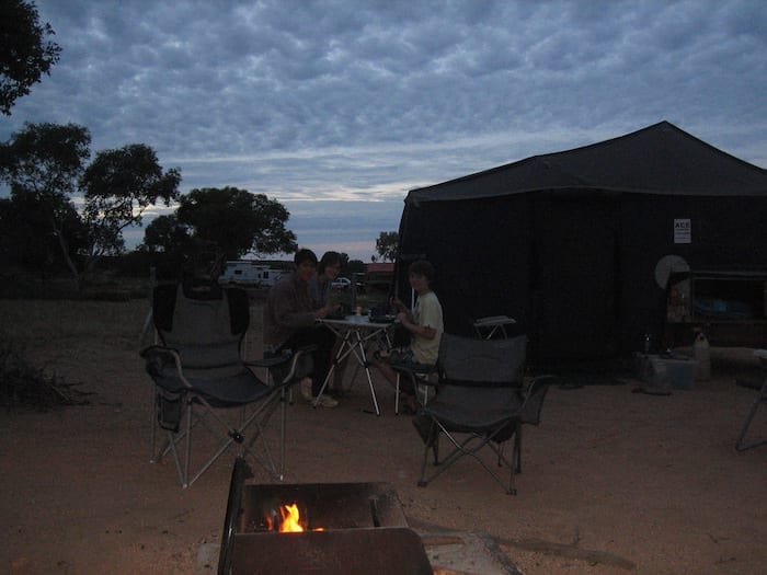 Dinner under the stars and a camp fire. Devils Marbles campground.