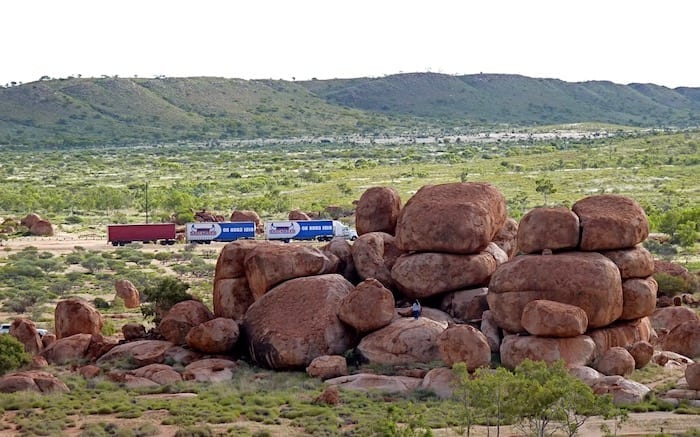 A stark contrast between old and new. Devils Marbles.