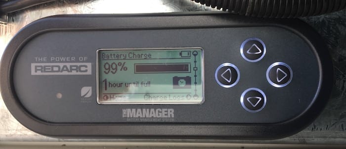 Remote monitor showing battery charge level, REDARC Battery Management System.