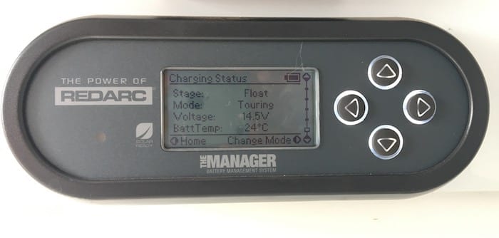 Remote monitor showing battery charging status, REDARC Battery Management System.