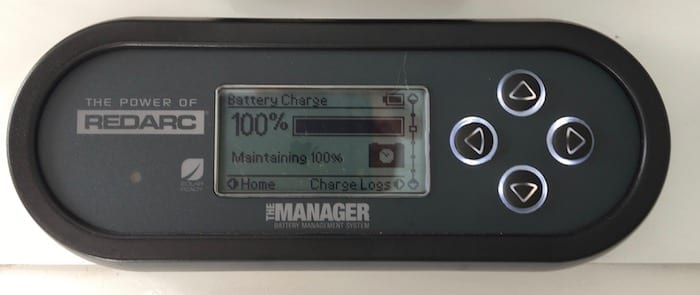 Remote monitor showing battery charge level, REDARC Battery Management System.