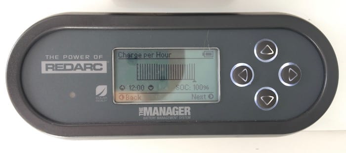 Remote monitor showing battery charge per hour, REDARC Battery Management System.