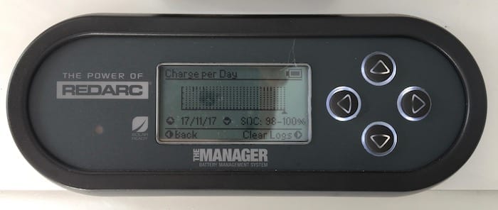 Remote monitor showing battery charge per day, REDARC Battery Management System.