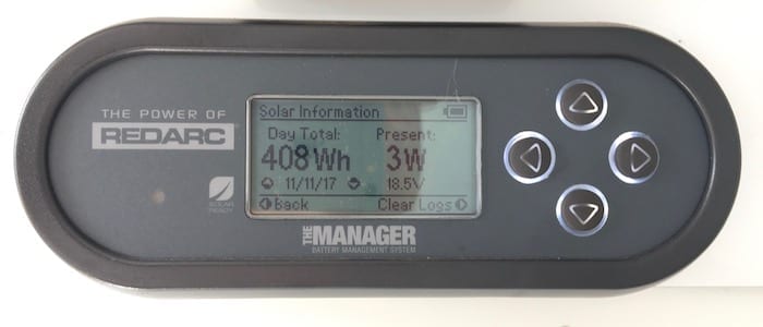 Remote monitor showing solar info, REDARC Battery Management System.