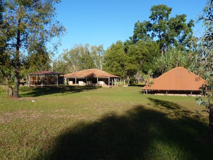 Old mud brick buildings. Homestead on left and meatsafe on right. Manyallaluk, Northern Territory.