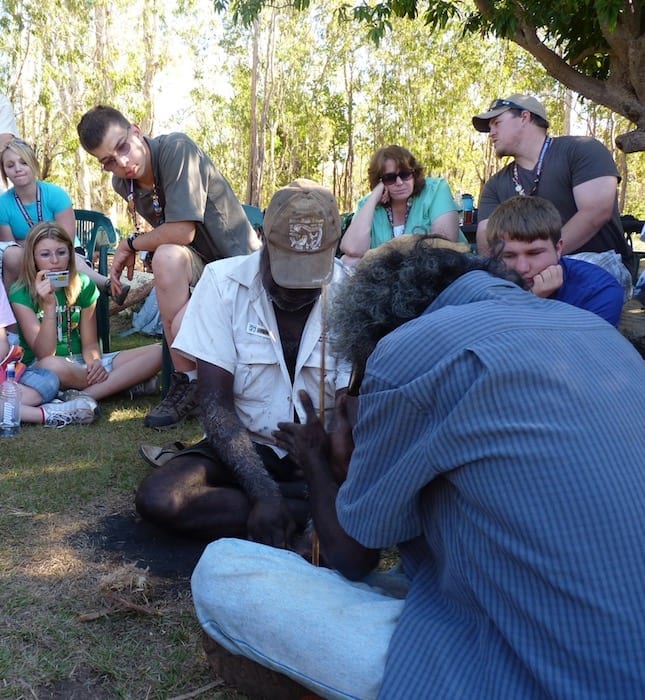 John and Ron lighting a fire with sticks. Manyallaluk, Northern Territory.