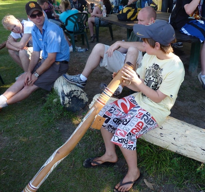 Ben belting out a tune on the didgeridoo. Manyallaluk, Northern Territory.