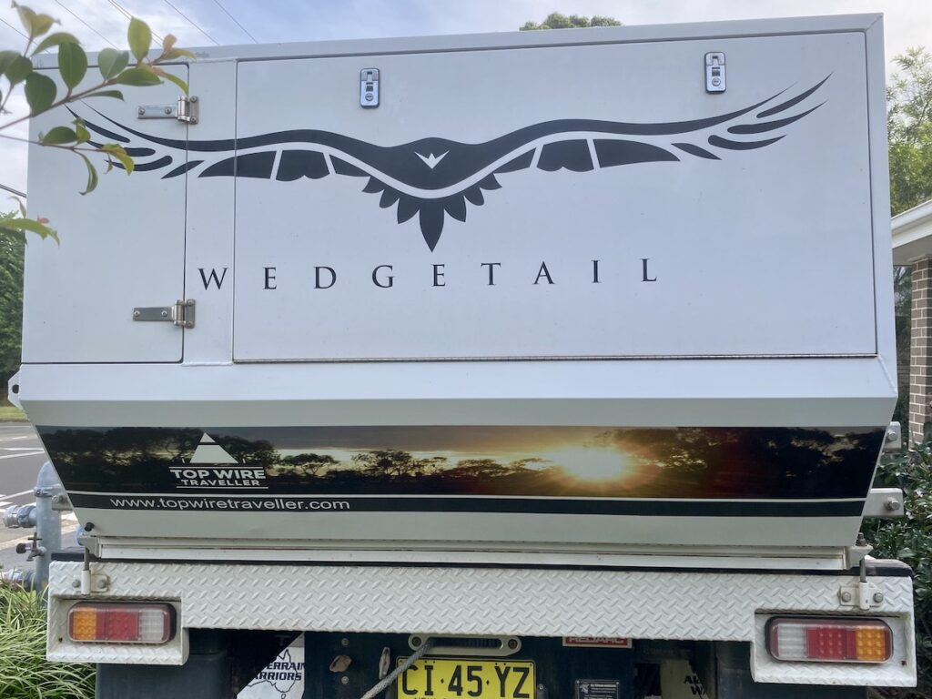 New vinyl wrapping on rear of Wedgetail Camper.