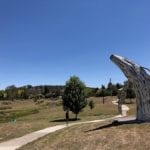 Landscaped Aspley River and whale sculpture, Walcha.