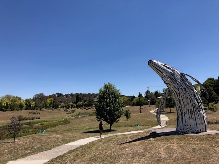 Landscaped Aspley River and whale sculpture, Walcha.