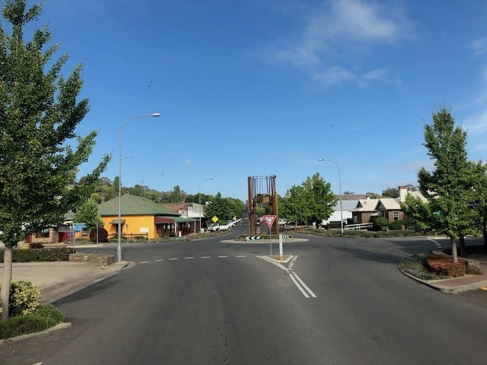 Main street, Walcha. Sculpture on roundabout.