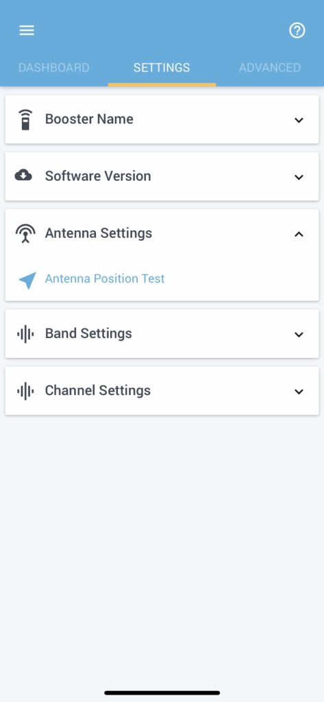 Cel-Fi Go signal booster Wave app showing Antenna Settings screen.