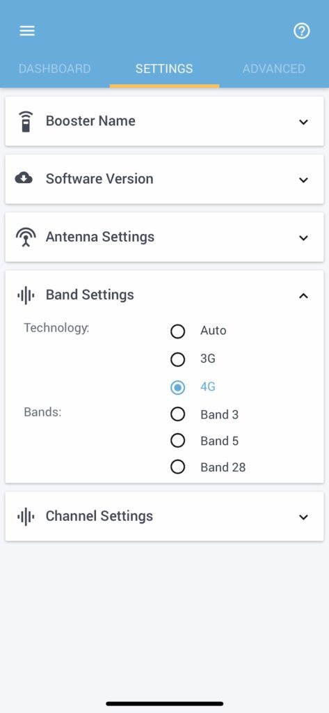 Cel-Fi Go signal booster Wave app showing Band Settings screen.