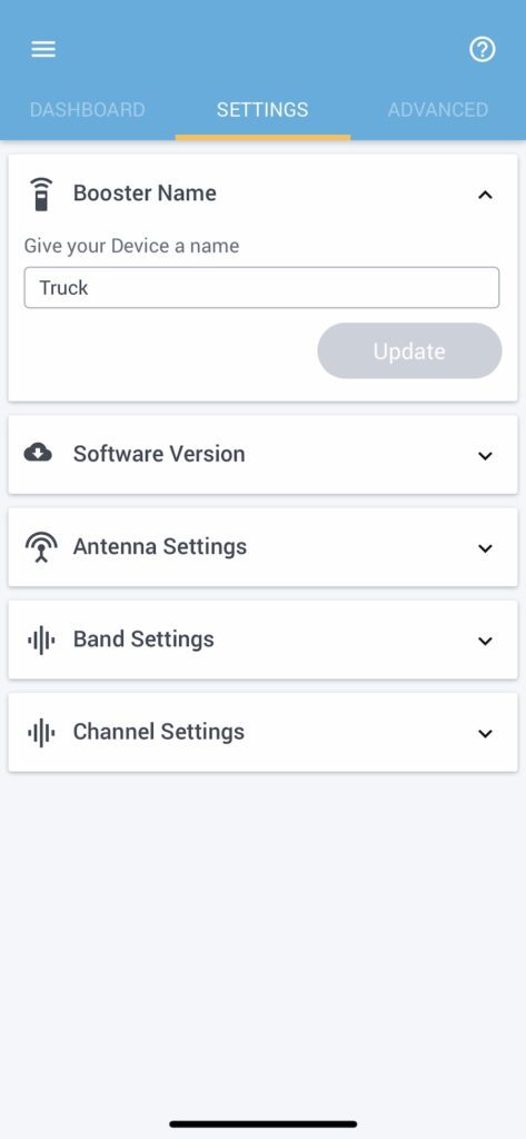 Cel-Fi Go signal booster Wave app showing Booster Name screen.