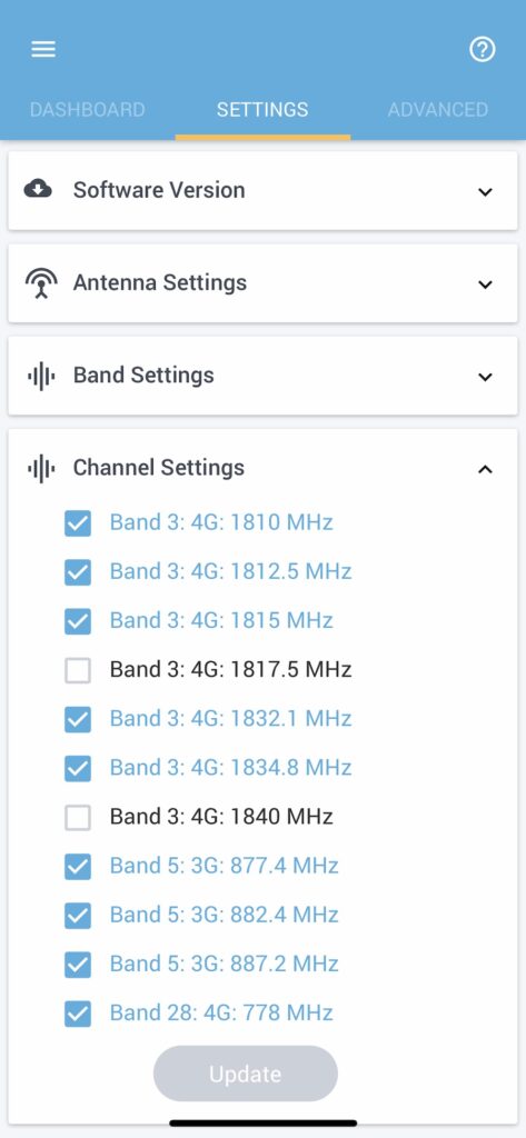 Cel-Fi Go signal booster Wave app showing Channel Settings screen.