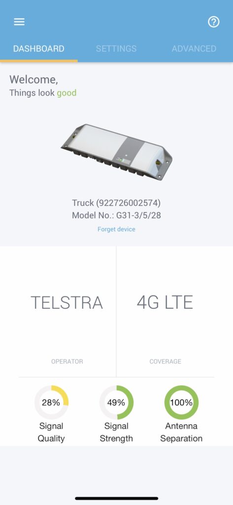 Cel-Fi Go signal booster Wave app showing Dashboard screen.