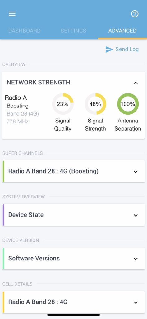 Cel-Fi Go signal booster Wave app showing Network Strength screen.