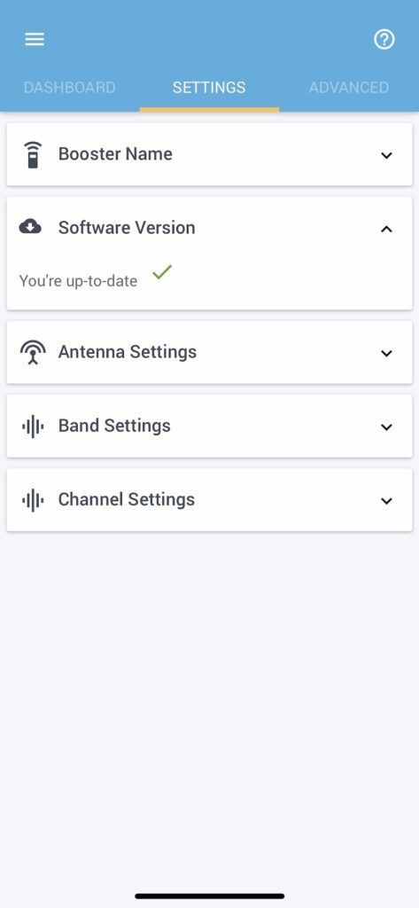 Cel-Fi Go signal booster Wave app showing Software Version screen.