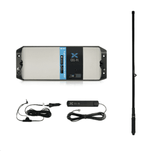 Cel-Fi GO package with antennas and power supply cord.