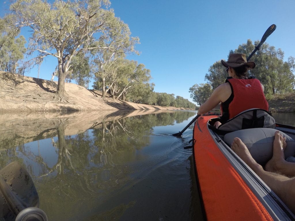 Cruising on the Darling River. Inflatable Kayaks.