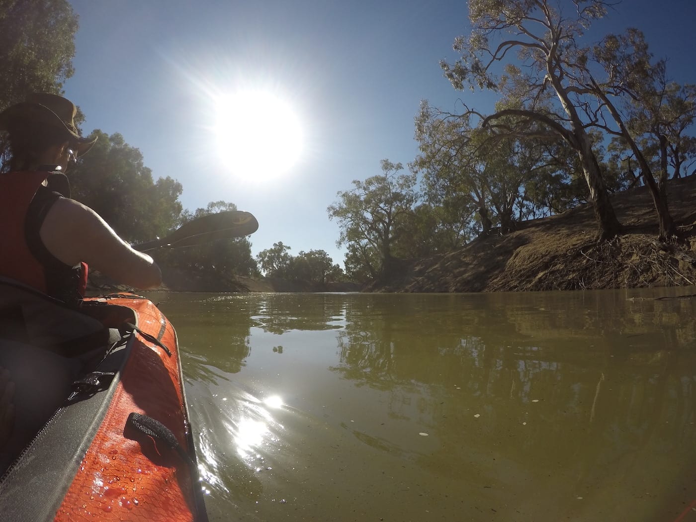 Early morning sun on the Darling River. Inflatable Kayaks.