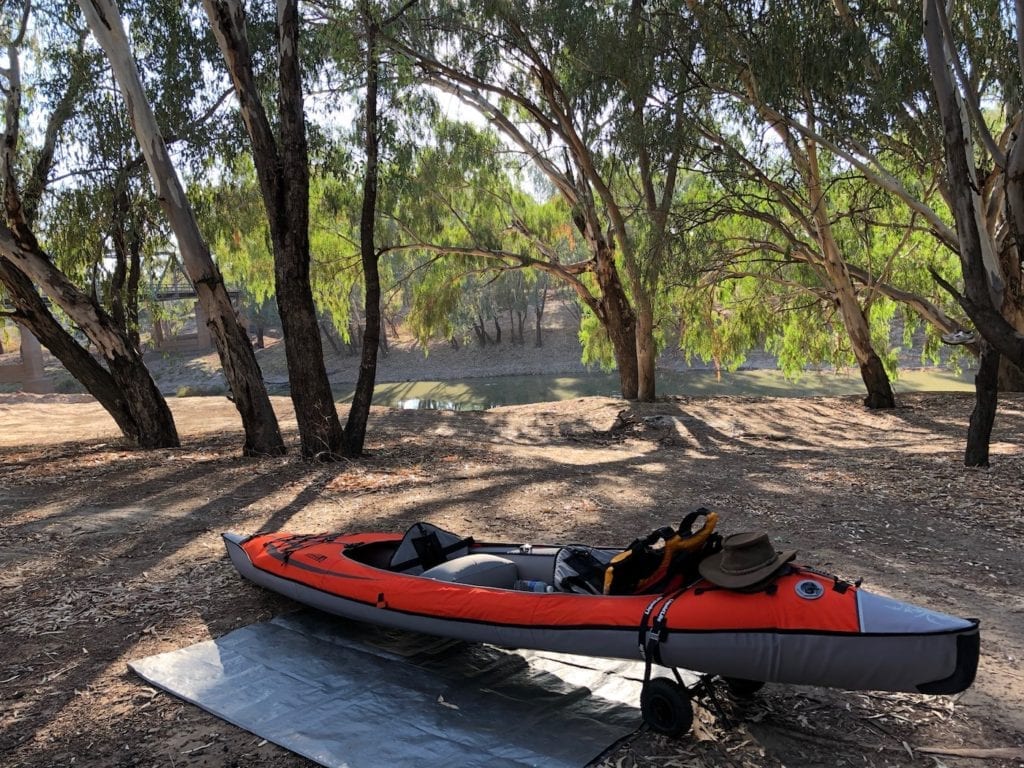 Ready to kayak on the Darling River. Inflatable Kayaks.