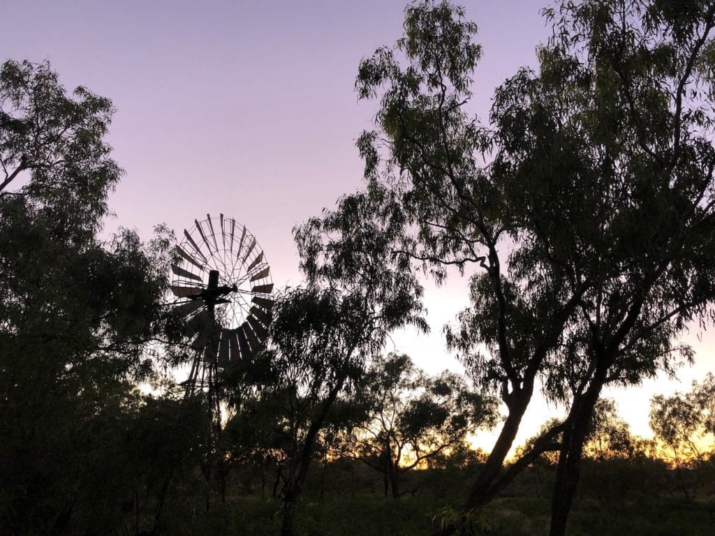 The old windmill at Cork Waterhole, Diamantina River.