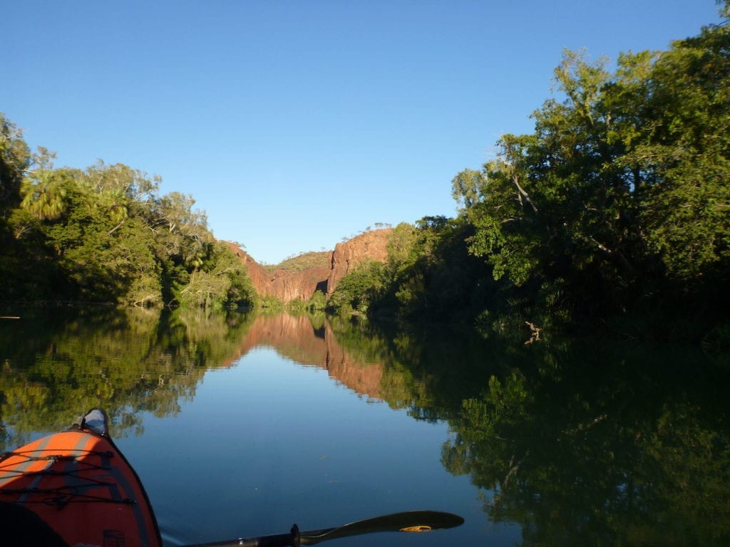 Approaching Lower Gorge. Kayaking Lawn Hill Creek.