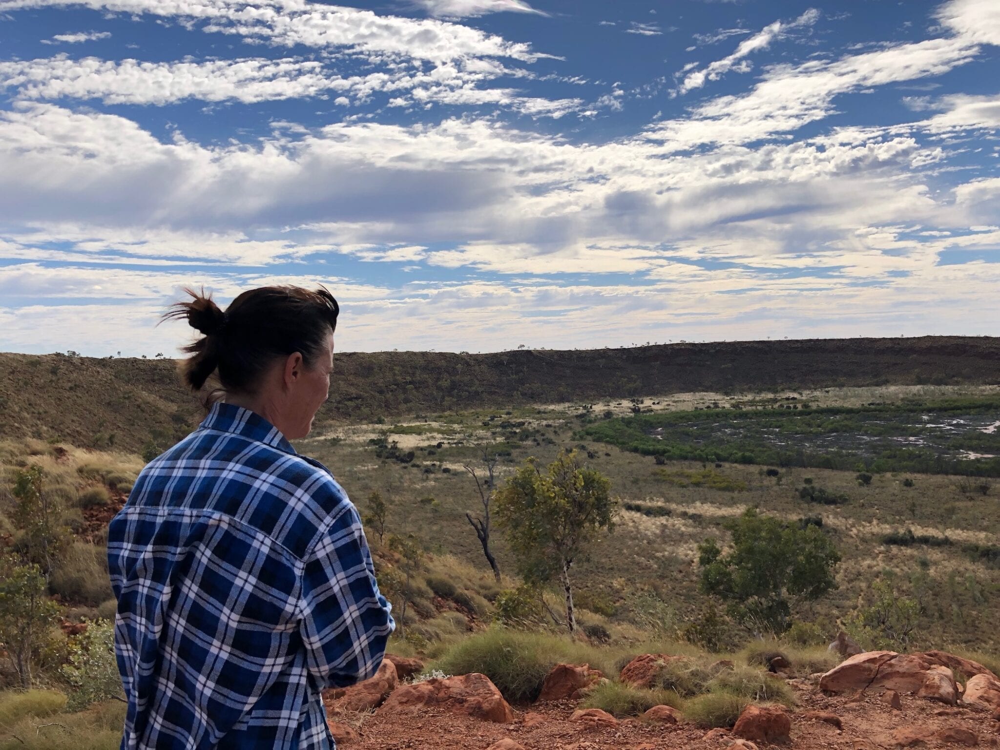 Standing at the lookout on a freezing cold day. Wolfe Creek Meteorite Crater.