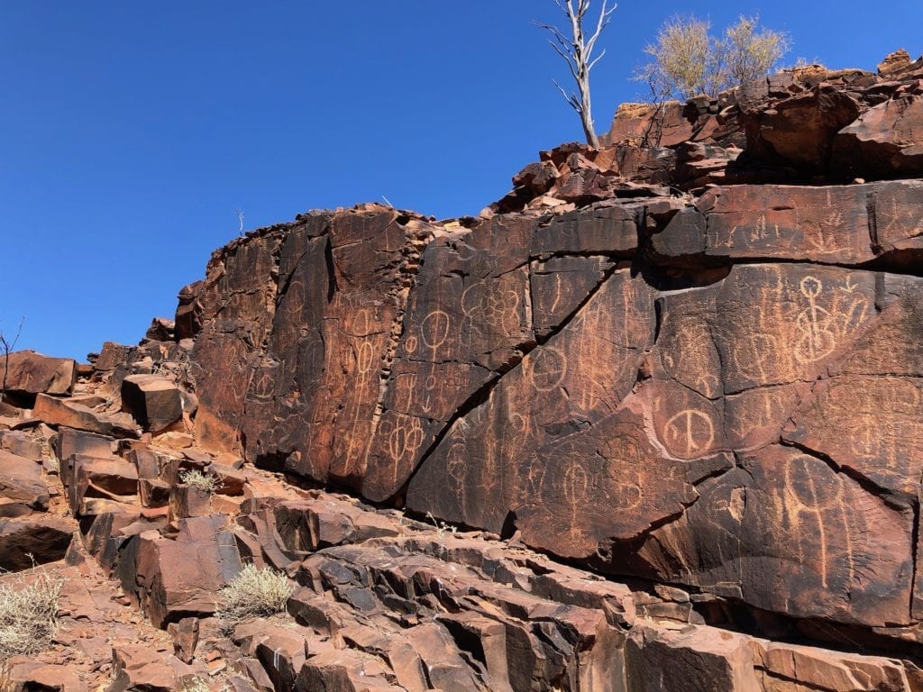 At the initiation site, hundreds of rock engravings fill every available spot. Chambers Gorge.