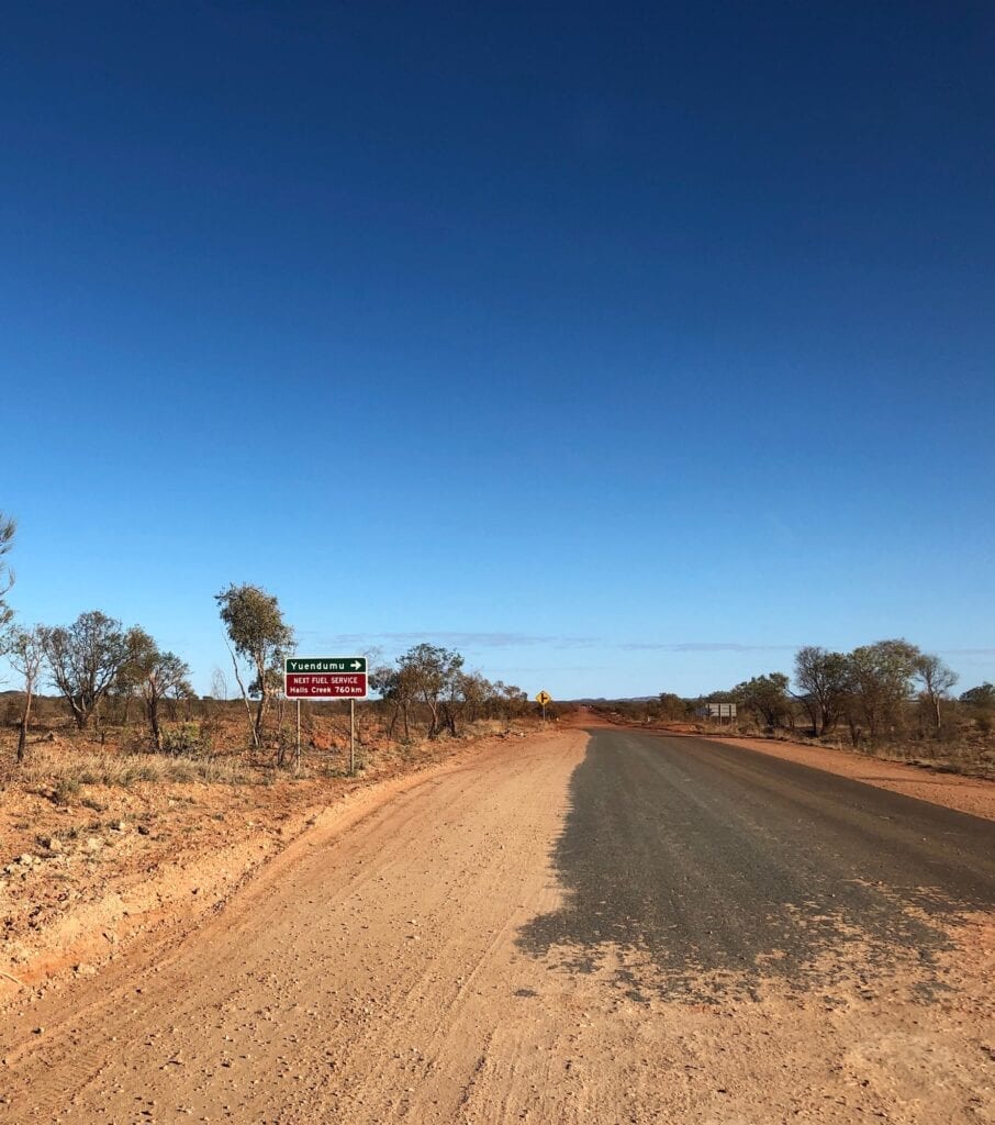 The sign to Yuendumu and a sign warning of the last fuel for 760km. Tanami Road.