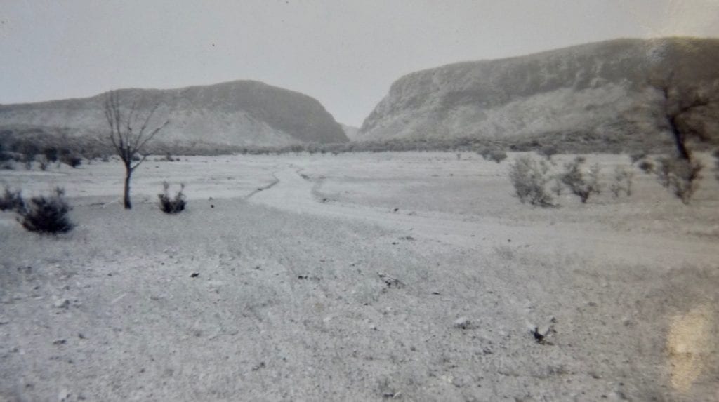 Approaching Heavitree gap from the South on the Old Ghan in 1950.