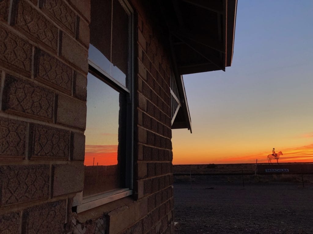 Sunset reflecting in railway building at Parachilna, north of Quorn SA.