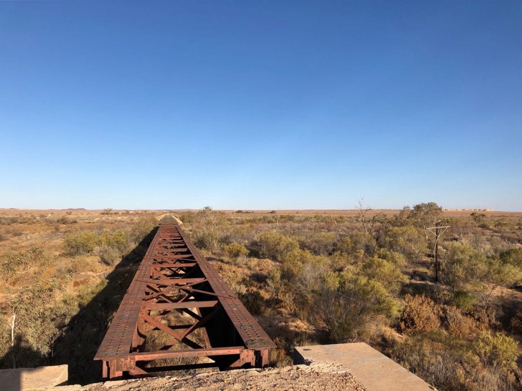 Old Ghan bridge over Gregory Creek. Salt Lakes and Water.