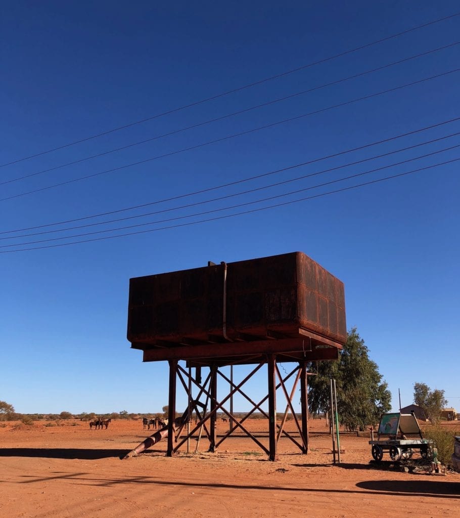 Water tower at Finke for the Old Ghan. Salt Lakes and Water.