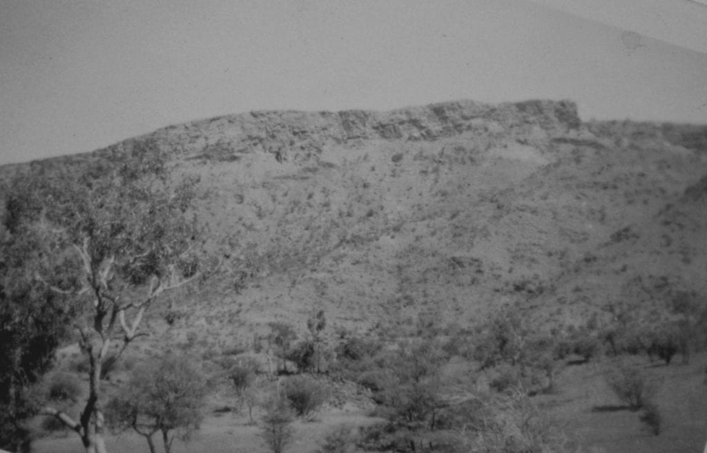 The MacDonnell Ranges approaching Heavitree Gap from the south, 1950. A welcome relief from the sand dunes.