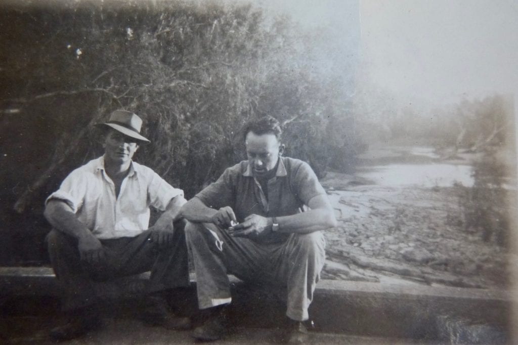 Graham and Trev sitting on the old causeway at Katherine. Old Ghan.