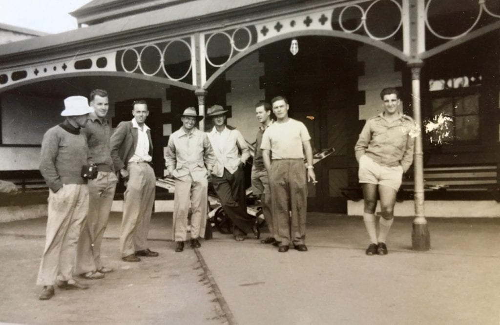 Men of the 1950 Natmap crew out the back of Quorn S.A. railway station. Old Ghan.