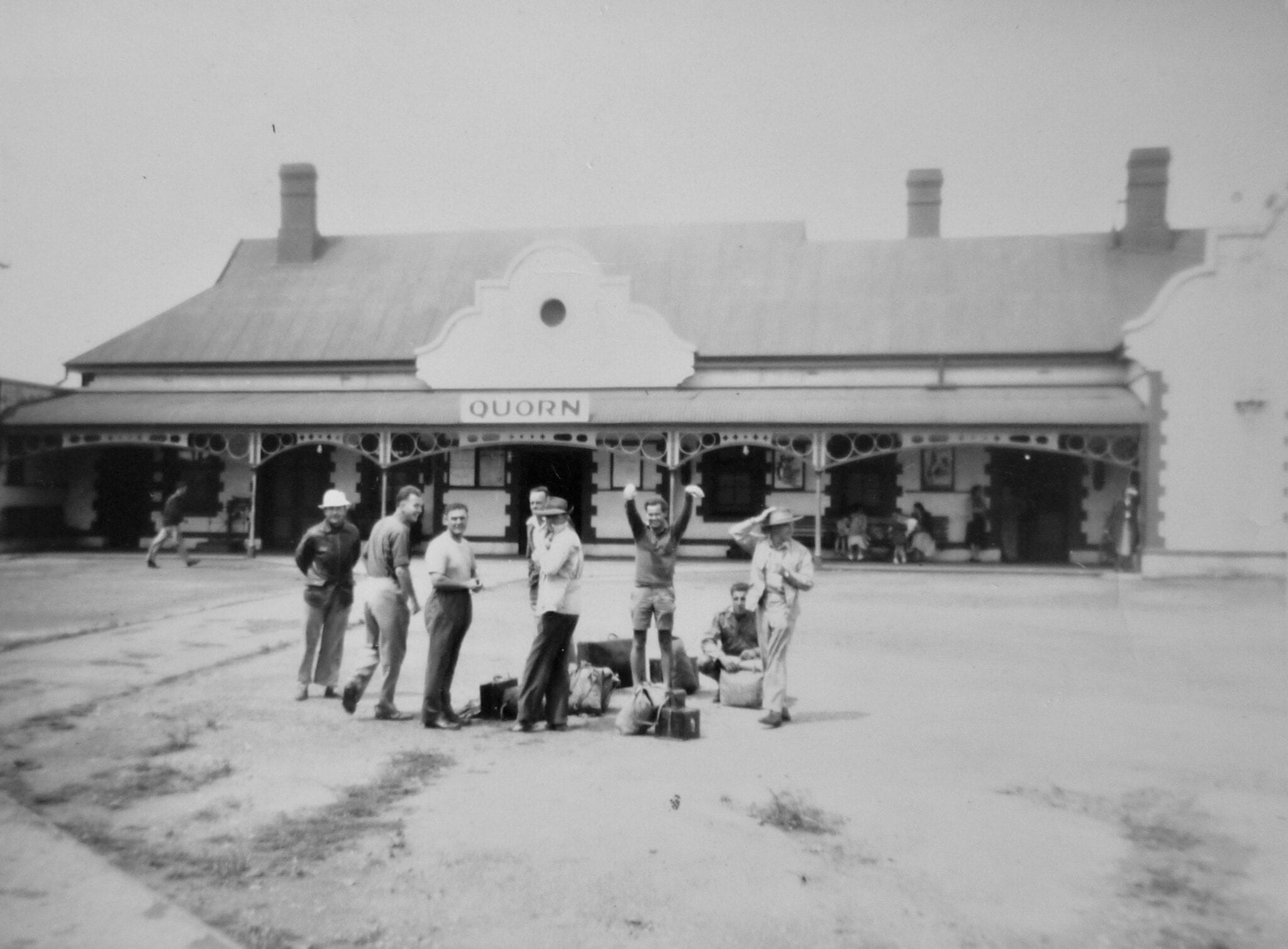 Natmap crew outside railway station at Quorn SA, 1950.