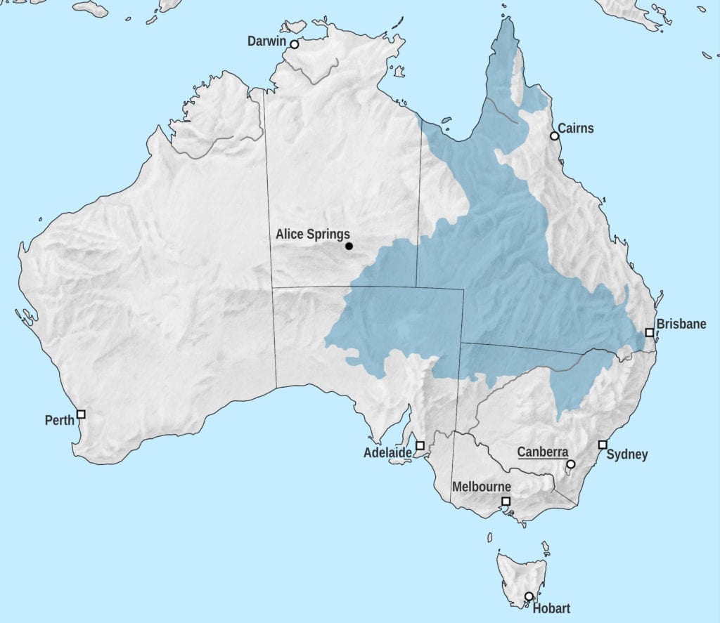 Map of the Great Artesian Basin showing the extent of the artesian water.